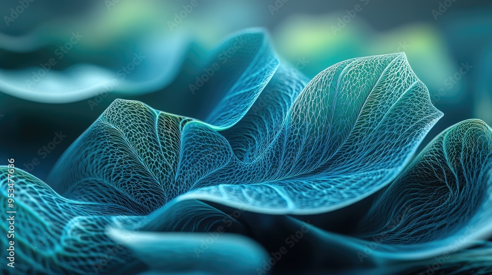 Poster beautiful wavy leaves in abstract patterns, rising on a futuristic fractal background, 3d rendering,