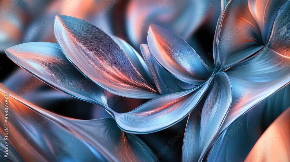 Poster beautiful wavy leaves in abstract patterns, rising on a futuristic fractal background, 3d rendering,