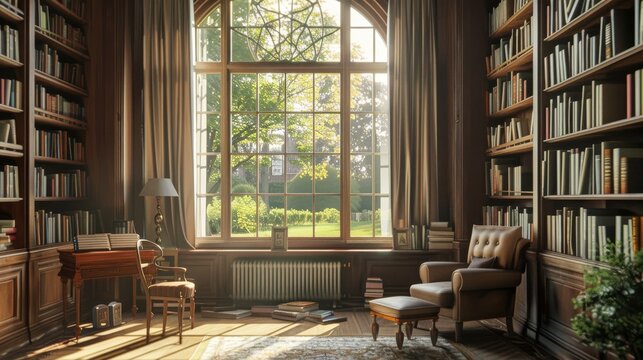 ome library in an early 20th century English mansion with a large window, sunny day, meadows, summer 