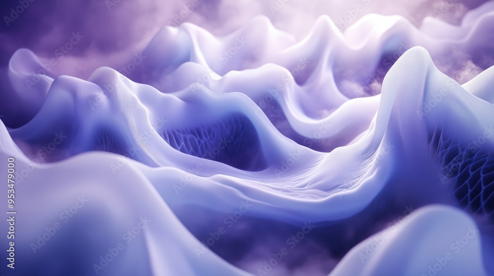 Poster life begins with abstract wavy fog, rising and arranged rhythmically on a futuristic fractal backgro