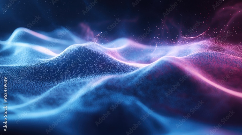 Poster life begins with abstract wavy fog, rising and arranged rhythmically on a futuristic fractal backgro