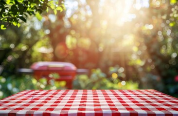 A close-up of a classic red and white checkered tablecloth on a table, perfect for outdoor garden barbecues, picnics, or rustic-themed decor with ample space for adding custom elements or text