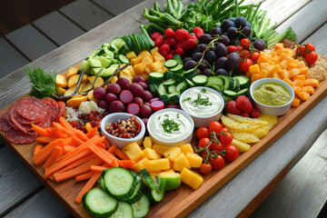 Assorted fresh vegetables and dips arranged on a wooden tray, showcasing a vibrant and healthy appetizer selection. World Vegetarian Day

