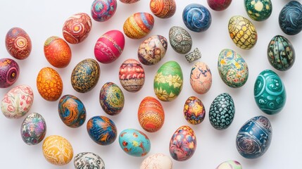 Spiral of colorful hand-painted Easter eggs, displayed elegantly on a white background, showcasing intricate and detailed designs