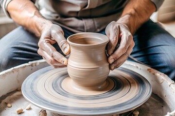 Skilled Hands Shaping Clay on a Pottery Wheel. A close-up shot of a craftsman's weathered hands carefully working a piece of clay on a spinning pottery wheel.