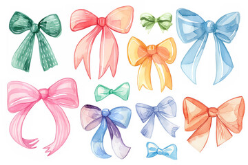 A variety of bows in different colors in watercolor styles