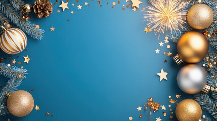 Blue Background with Gold Christmas Ornaments  Sparkler  Pine  and Confetti