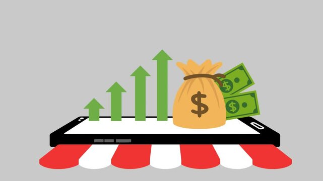 4K video Footage with market shopping animation. Market shopping with smartphone store and money. 4k video animated Increasing business data market bar graph chart diagram