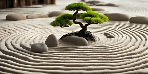 Sands of Time: A Zen Tree's Steadfast Presence in the Gentle Flow of a Zen Garden