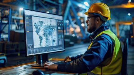 A logistics manager tracks a fleet of trucks using a computer, monitoring routes and shipments in a dimly lit office...