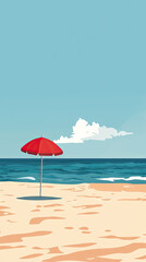 A solitary red umbrella stands tall on the sandy beach, a beacon of relaxation under a vast blue sky.