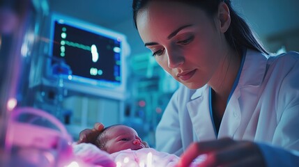 A nurse gently cares for a newborn baby in a hospital, with soft lighting highlighting the nurturing environment...