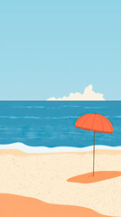 Fototapeta premium A Single Umbrella Stands Tall on a Pristine Beach, Awaiting the Arrival of Summer's Joy.