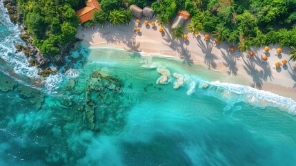 Aerial view of a pristine white sandy beach with crystal clear turquoise waters, gentle waves lapping the shore, lush green palm trees lining the coast
