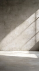 Sunbeams Dance on a Textured Concrete Wall, Casting Long Shadows on the Empty Floor.  A Minimalist Backdrop for Your Creative Vision.