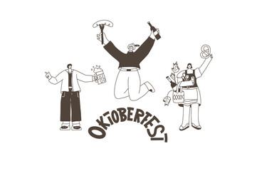 Oktoberfest doodle emblem. Beer festival people and lettering label. Vector hand drawn illustration on white background.