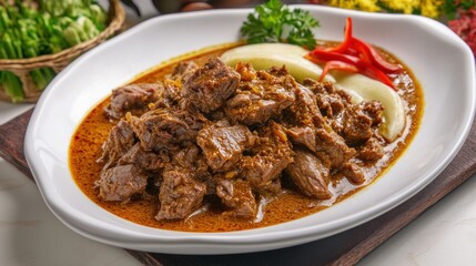 Gulai daging kambing is a popular Indonesian dish of beef curry from Padang, West Sumatra. goat curry spicy stew closeup culinary food photo