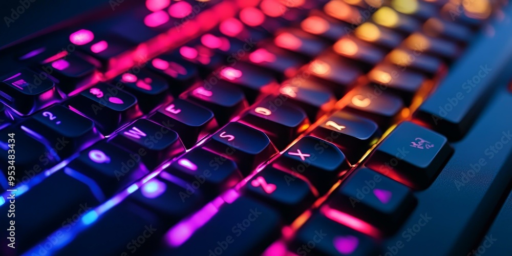 Poster a close-up of a backlit keyboard with colorful lights.