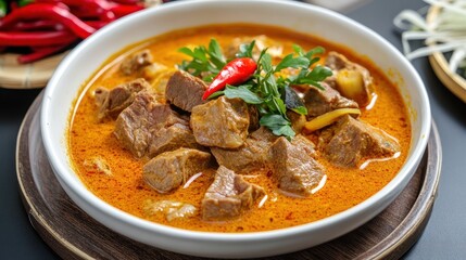 Gulai daging kambing is a popular Indonesian dish of beef curry from Padang, West Sumatra. goat curry spicy stew closeup culinary food photo