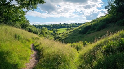 A picturesque dirt pathway winds through lush green hills and countryside under a bright sky with scattered clouds, offering a peaceful nature escape...