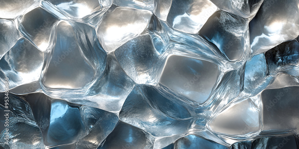 Poster close-up view of translucent ice cubes reflecting light, creating a cool and refreshing atmosphere i
