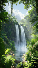 A Serene Oasis: Lush Green Foliage Frames a Tranquil Waterfall, Whispering Secrets of Untamed Beauty.