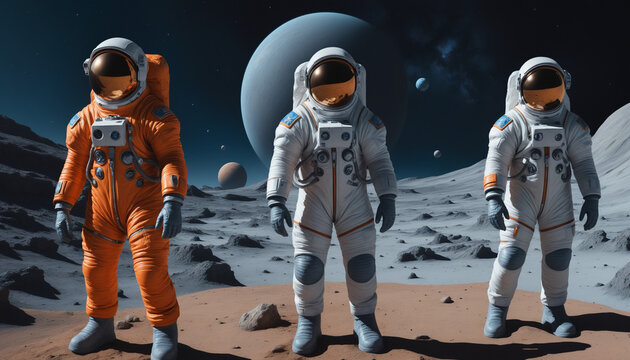 Astronautes cosmonautes combinaison espace spatial galaxie voyage d&eacute;couverte mars lune saturne jupiter.