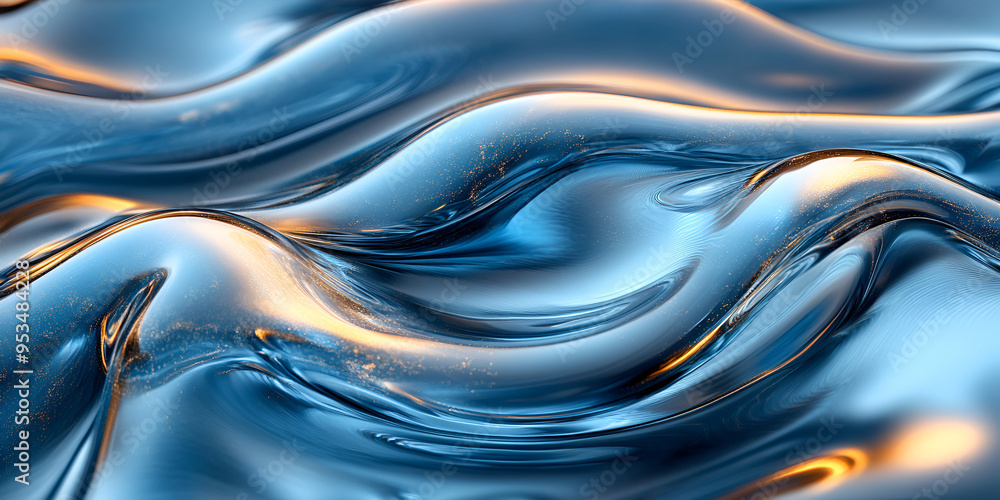 Poster abstract waves of blue liquid with shimmering reflections, creating a mesmerizing pattern in an arti