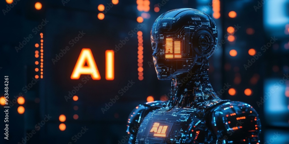 Poster a futuristic ai robot with glowing circuits.