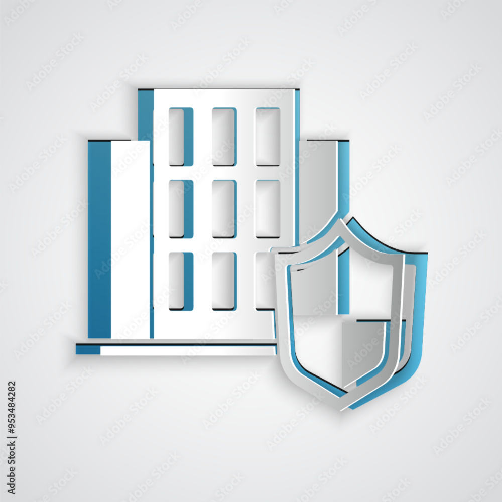 Wall mural Paper cut House with shield icon isolated on grey background. Insurance concept. Security, safety, protection, protect concept. Paper art style. Vector.