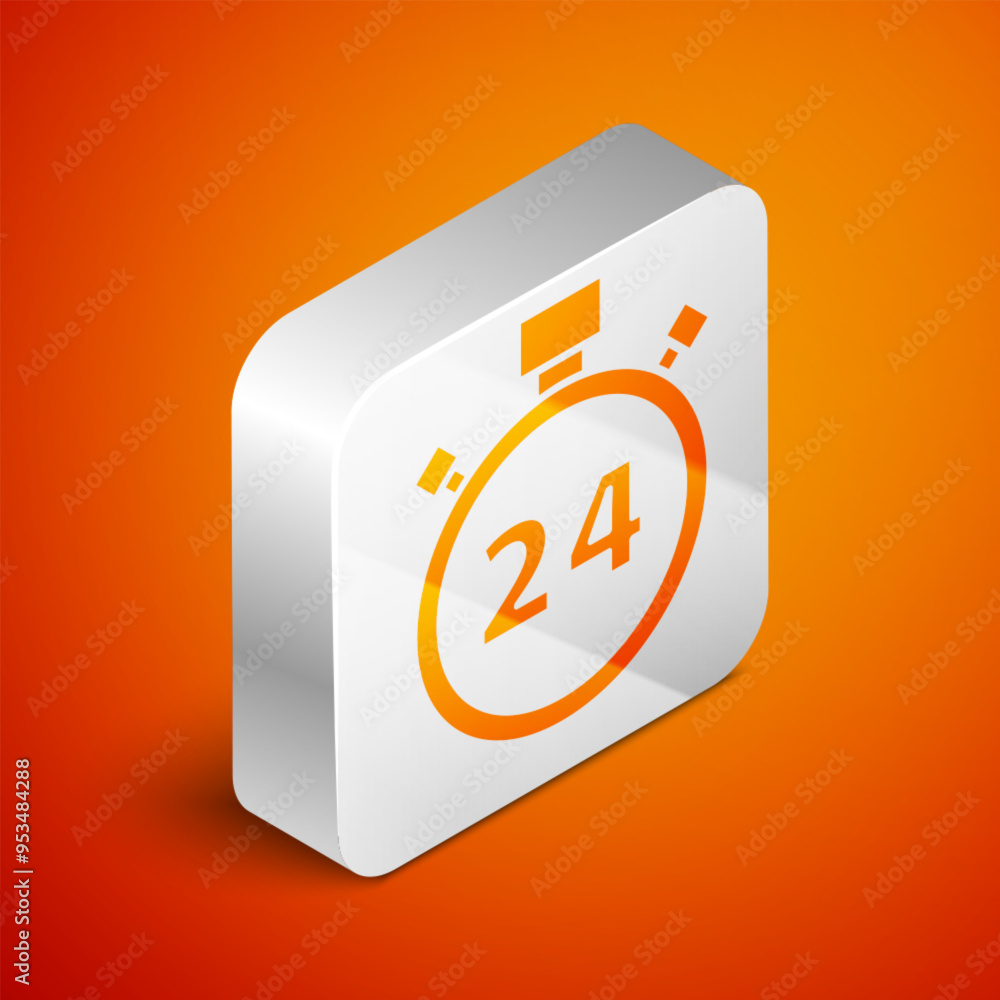 Poster isometric stopwatch 24 hours icon isolated on orange background. all day cyclic icon. 24 hours servi