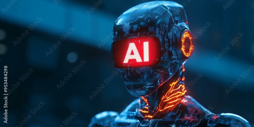Poster robot head with glowing ai display.