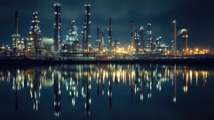 A brightly lit oil refinery at night, reflecting in calm water, showcasing industrial infrastructure and the contrast of light against the dark sky...