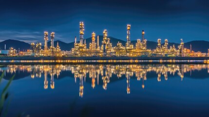 A brightly lit oil refinery at night, reflecting in calm water, showcasing industrial infrastructure and the contrast of light against the dark sky...