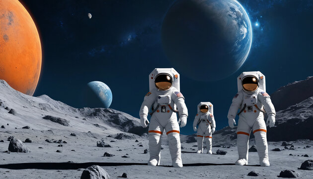 Astronautes cosmonautes combinaison espace spatial galaxie voyage d&eacute;couverte mars lune saturne jupiter.	