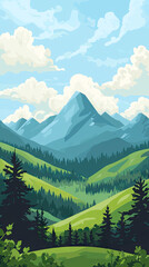 Fototapeta premium Serene Mountain Landscape: Rolling Hills, Majestic Peaks, and Whispering Pines Under a Sky of Tranquility.
