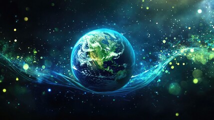 Obraz premium Artistic Earth glowing in blue and green, encircled by abstract waves and bokeh lights, emphasizing the blend of nature and technology.