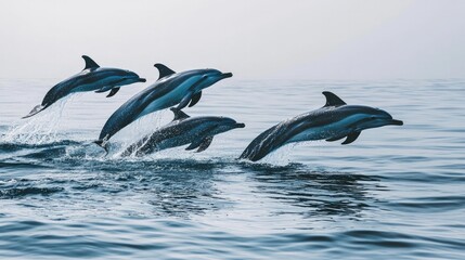 Obraz premium A group of dolphins joyfully leaping out of the ocean water, showcasing their agility and playfulness in the wild...