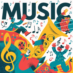Vibrant Illustration of Music Celebration with Instruments and Joyful Characters