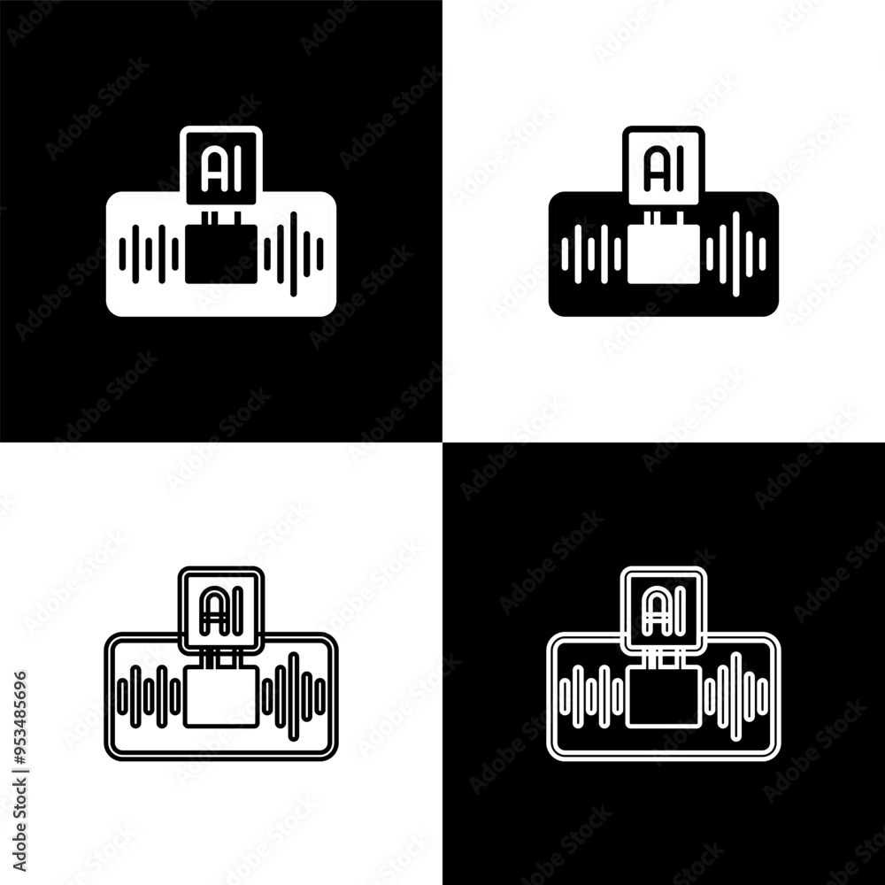Poster set artificial intelligence ai icon isolated on black and white background. machine learning, cloud 