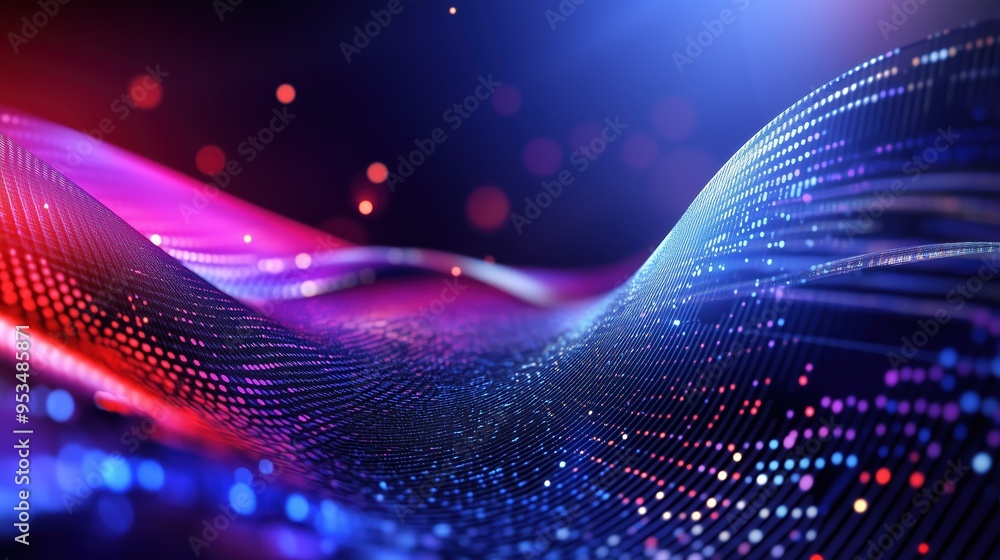 Poster Curved wave of pixelated data in a grid pattern with glowing blue and red lights on a dark abstract background, illustrating a digital technology concept. This design captures the essence of modern da