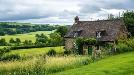 Obraz premium A picturesque thatched cottage surrounded by lush greenery in a serene countryside setting, capturing the essence of rural charm and tranquility...