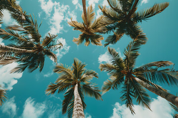 Low angle view of tropical palm trees with green fronds against a clear blue sky capturing the essence of a sunny tropical day, perfect for relaxation and a serene vacation