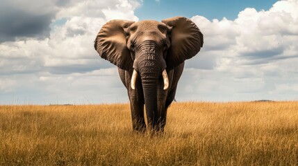 Fototapeta premium A majestic elephant stands tall in a golden savannah, showcasing its grandeur and strength against a backdrop of vast, open plains under a partly cloudy sky...