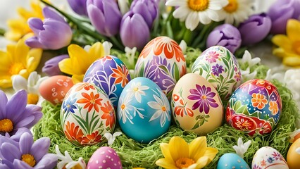 A vibrant and cheerful Easter scene with colorful eggs decorated with intricate floral patterns, scattered among fresh spring flowers. The softly blurred background highlights the detailed egg designs