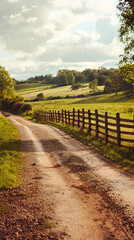 A Quiet Country Road, Winding Through Rolling Hills, Framed by a Rustic Wooden Fence. The Golden Light of Sunset Bathes the Landscape in Warmth.