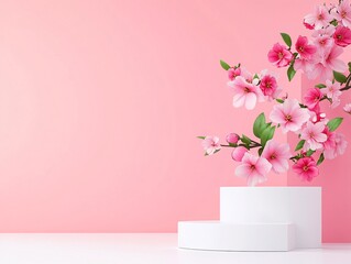 A pink flower is placed on a pedestal in front of a pink background