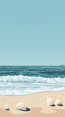Obraz premium Seashells Resting on a Golden Sandy Beach, Calm Waves Gently Kissing the Shore