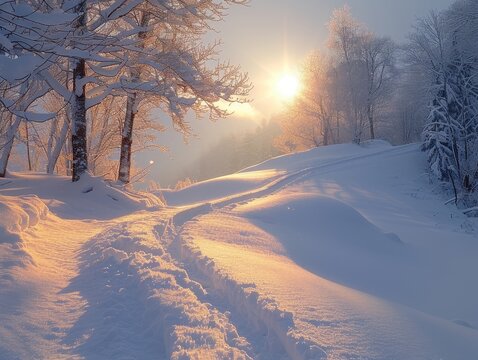 A serene winter landscape featuring snowy paths, frosty trees, and a warm golden sunrise illuminating the tranquil scene.