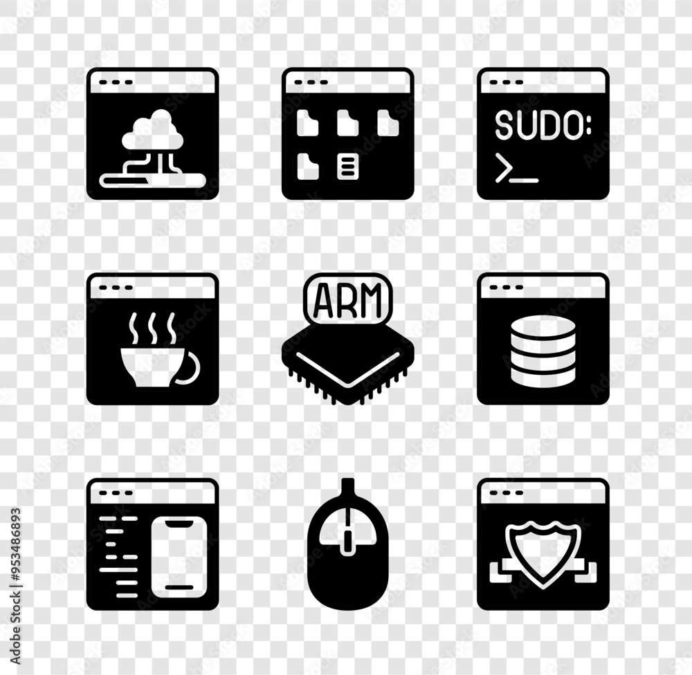 Poster set cloud technology data transfer, browser files, code terminal, software, computer mouse, with shi